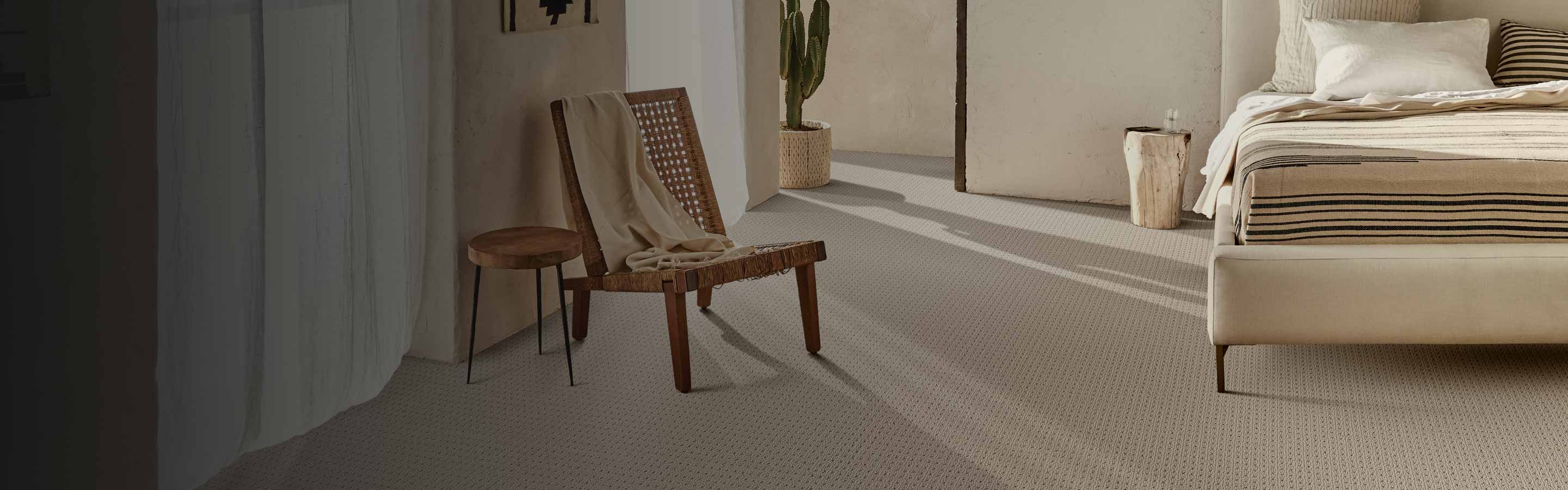 beige carpet in a bedroom with southwestern decor