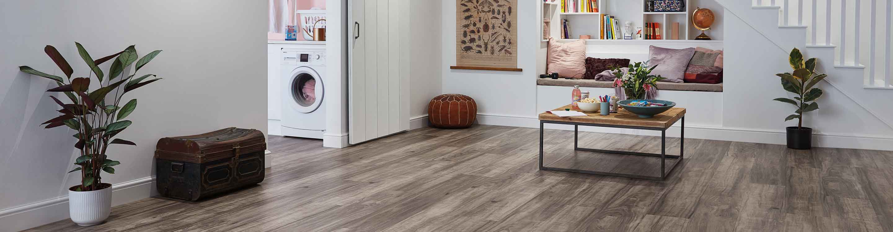 Wood-look vinyl plank flooring in a living room.